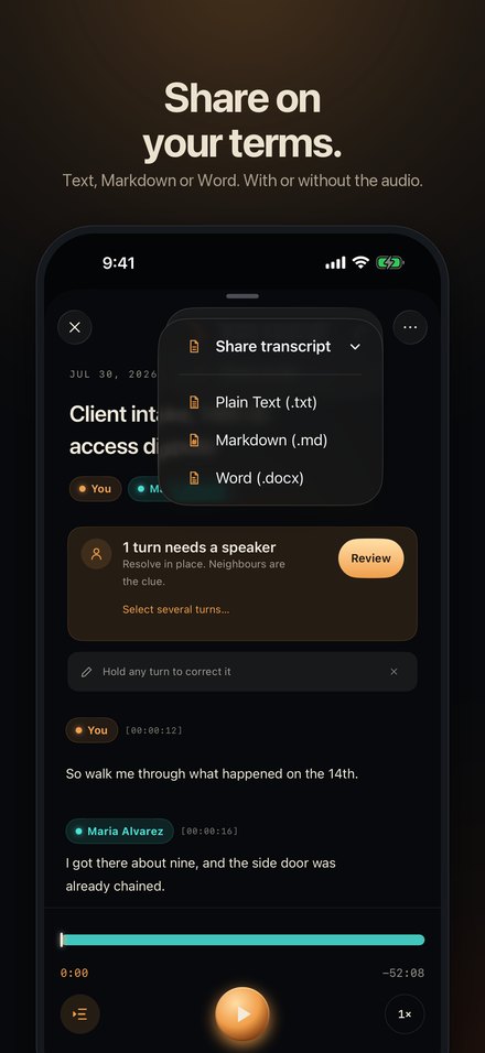 Share formats: text, Markdown or Word, with or without the audio