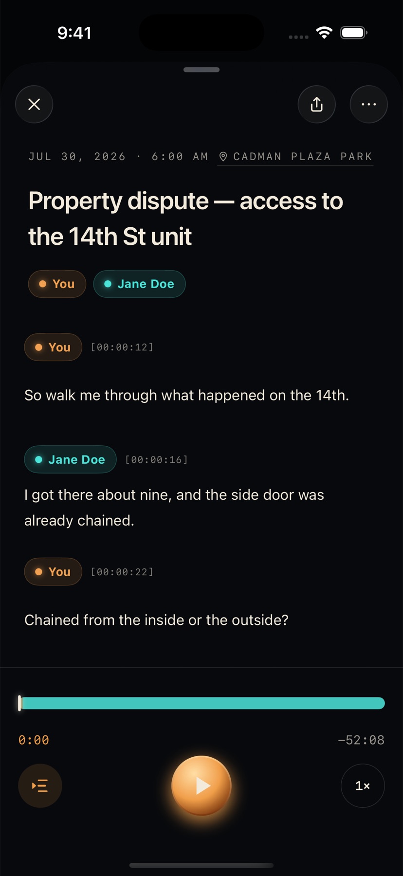 An interview transcript with each turn labelled by speaker, and a player docked at the bottom